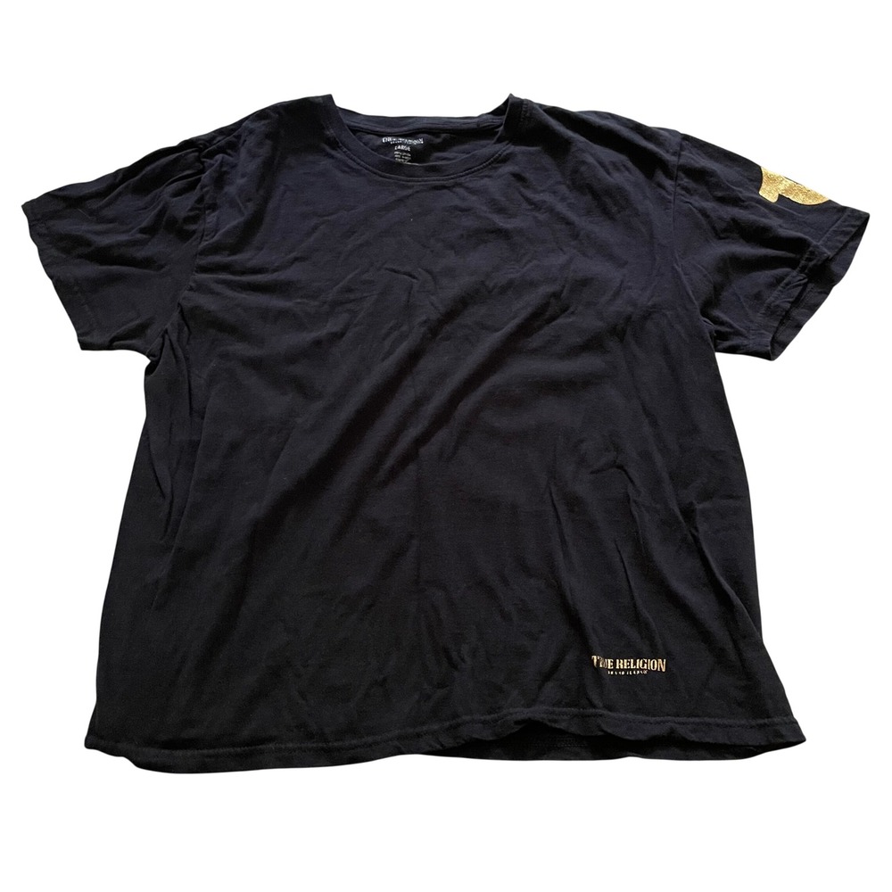 True Religion‎ Mens Large Black T-Shirt Gold Horseshoe Logo Short Sleeve Tee